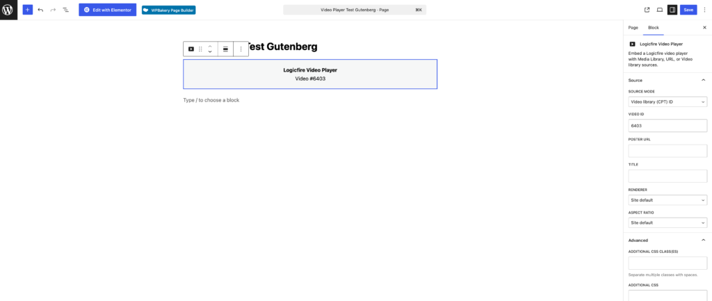 Logicfire Video Player block in the Gutenberg