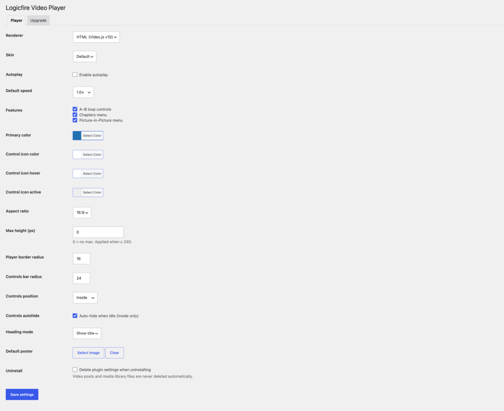 The main settings screen